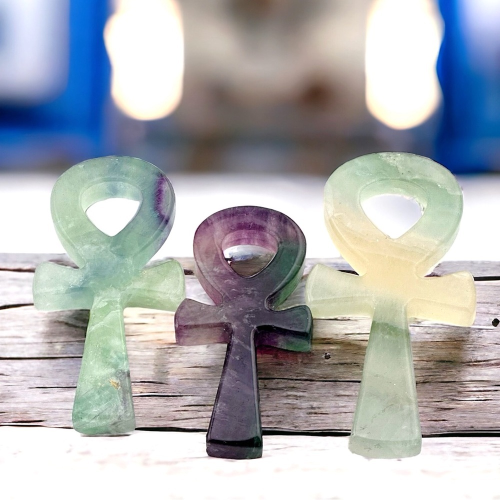 Rainbow Fluorite Hand Carved Egyptian Ankh Cross Gemstone Healing Crystal